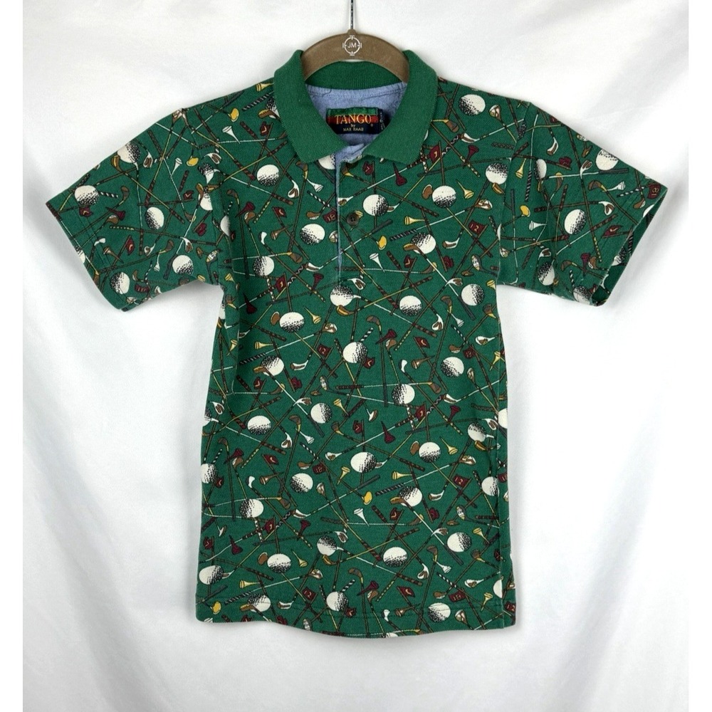 Vintage Tango by Max Raab Golf Polo‎ Shirt Boys S Green All Over Print 90s USA